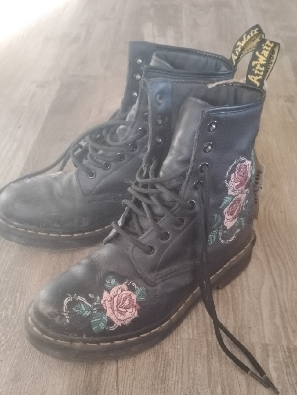 Dr. Martens Black Leather Lace-Up Boots with Pink Rose Embroidery